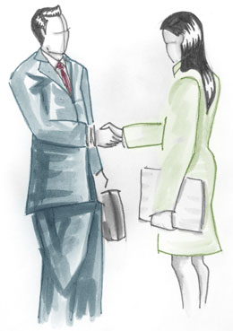 Two people shake hands and look forward to forming a great business relationship.