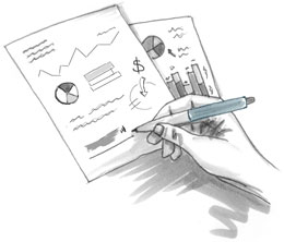 Sheets of paper are covered with budget numbers.