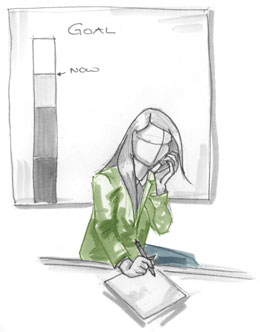 A woman speaks on the phone with a potential sponsor, a fundraising graph behind her.