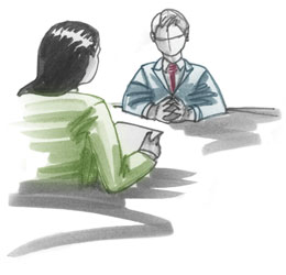 Two people negotiate across a table.