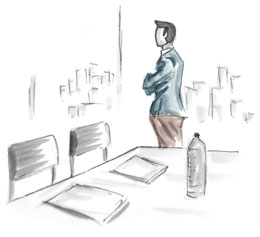 A businessman enjoys the beautiful view from an office.