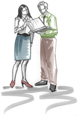 Two people work together to solve a problem.