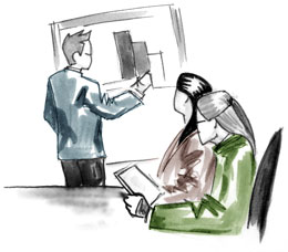 A man charts company growth.